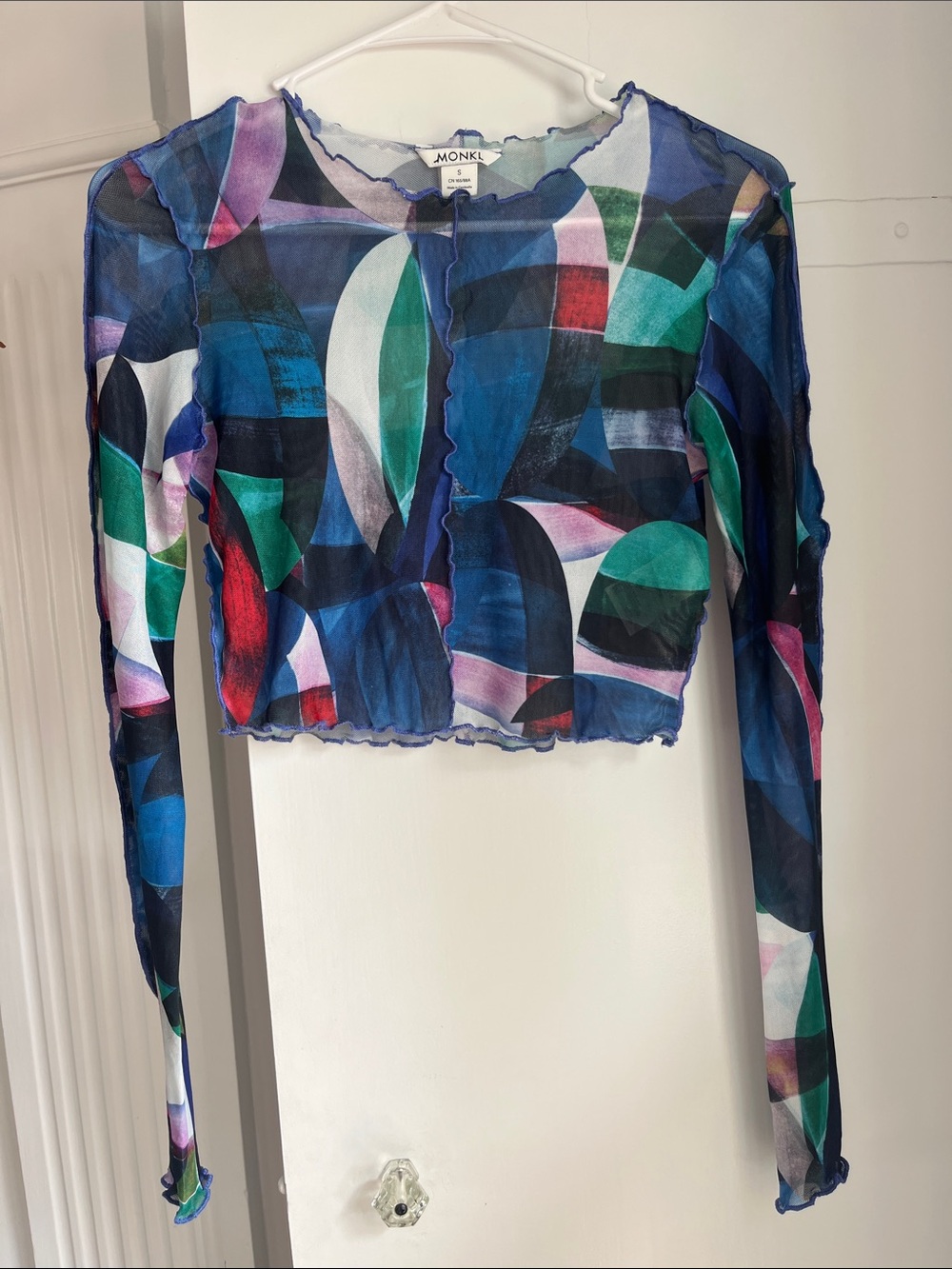 Monki Multicolor Abstract Sheer Long-Sleeve Crop Top